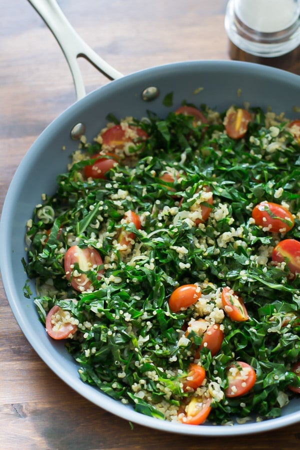 Warm Collard Quinoa Salad inside a pan