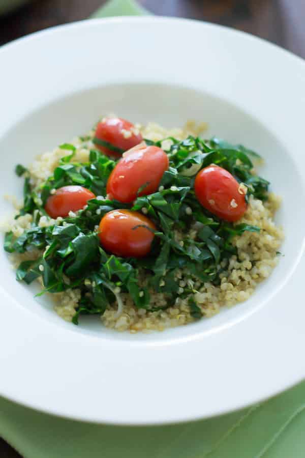 Warm Quinoa Salad in a white bowl