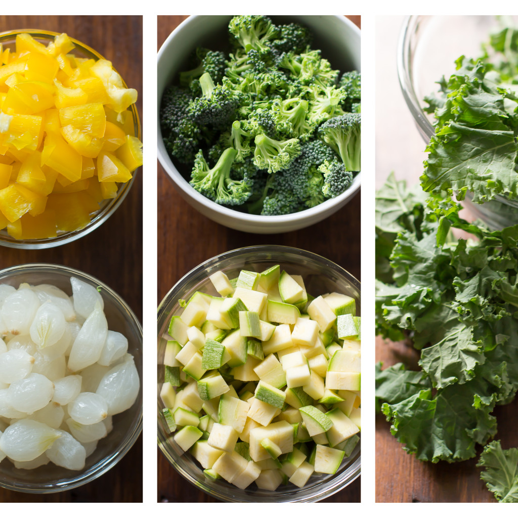 chopped yellow bell pepper, pearl onion, broccoli florets, zucchini, and kale