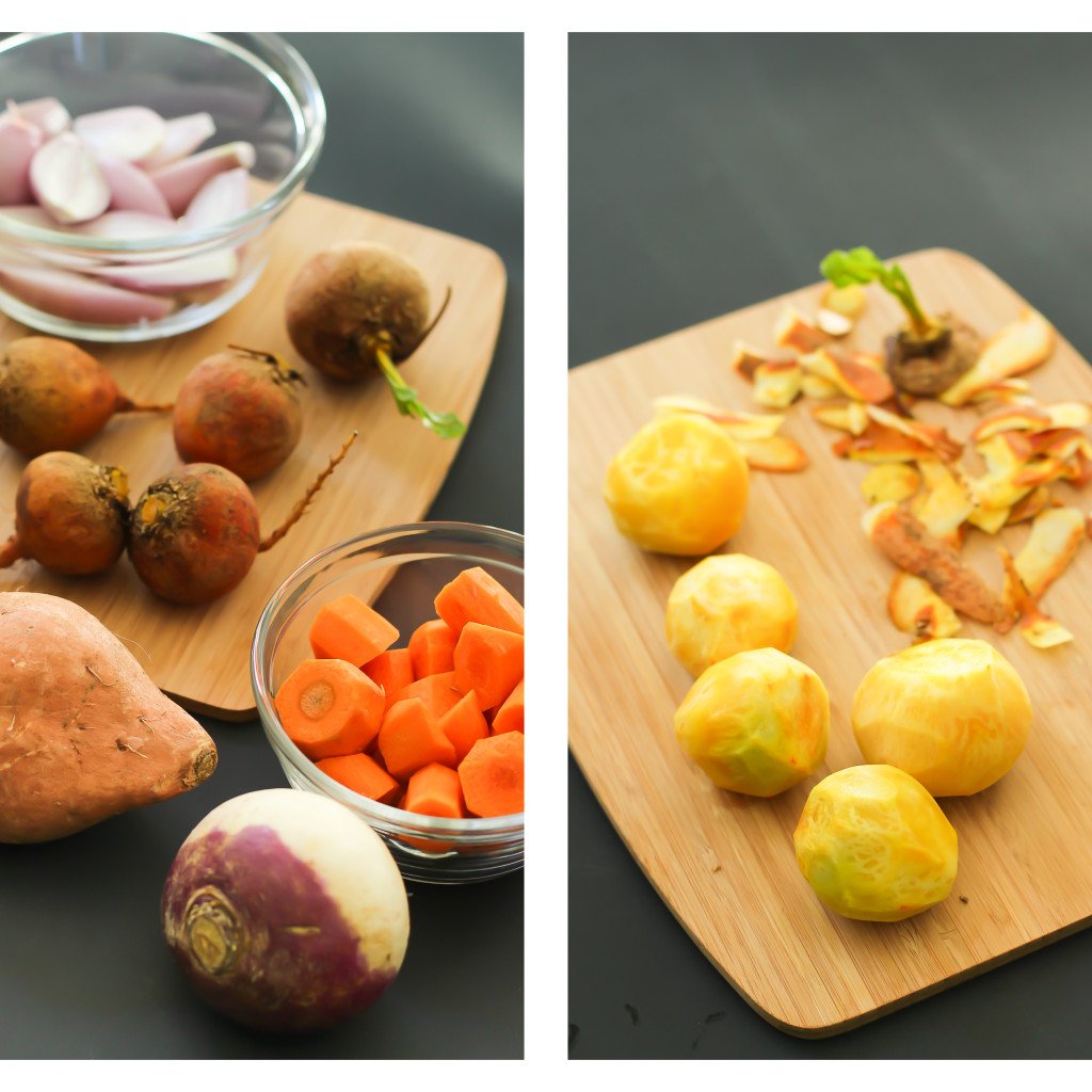 image of root vegetables being peeled and chopped