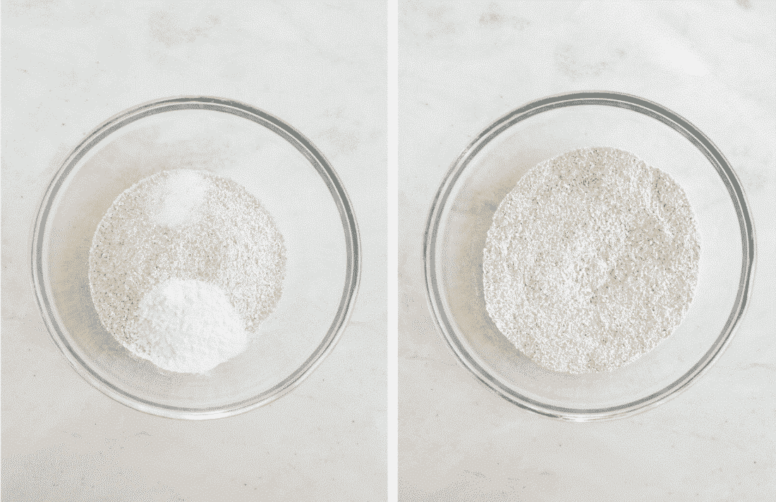 Set of two photos showing dry ingredients mixed together in a bowl.