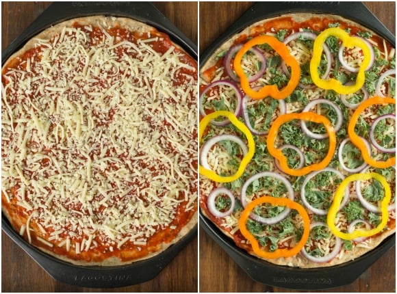 step by step photos, adding cheese onto a sauced pizza and topping with peppers, kale, and red onions