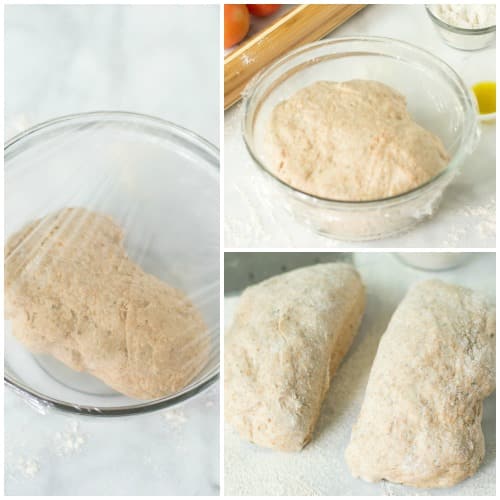 whole wheat pizza dough proofing in a covered bowl and then divided into two