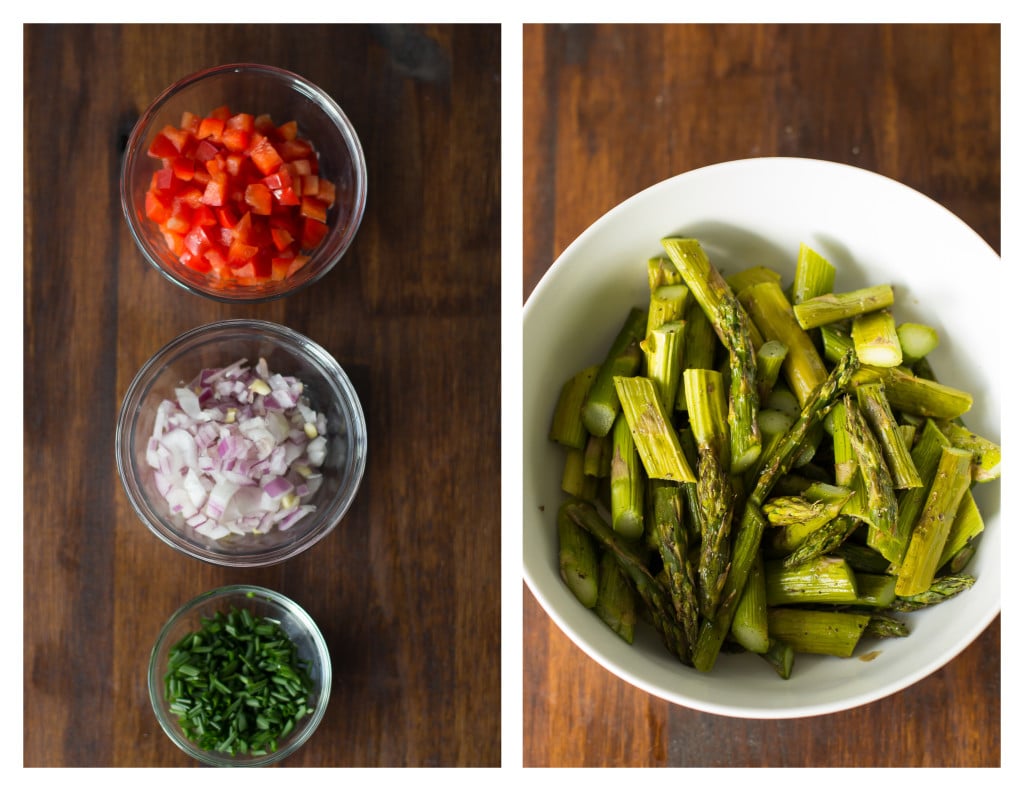 ingredients flatlay for quinoa salad with roasted asparagus 