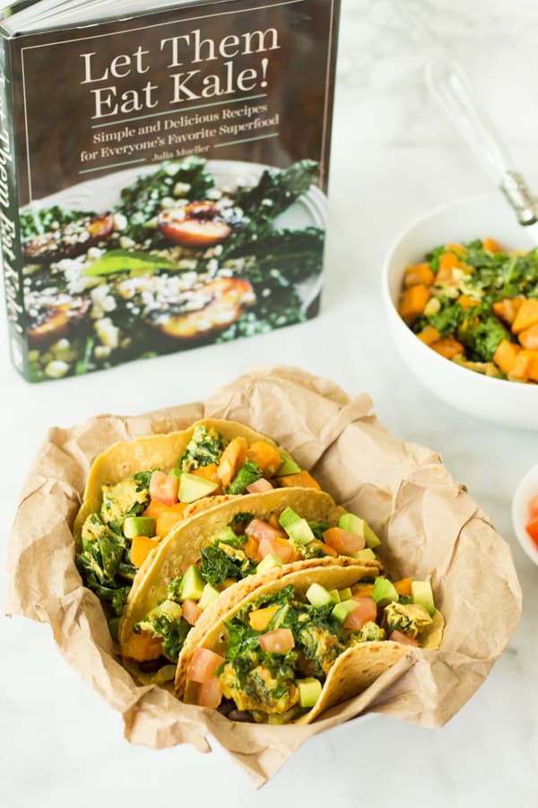Superfood Breakfast Tacos with Let Them Eat Kale cookbook in background