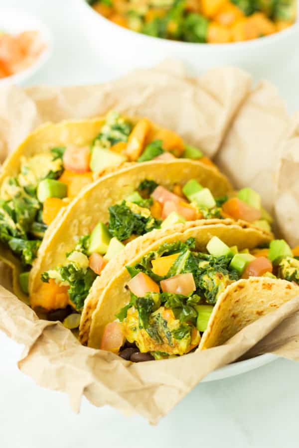 three Superfood Breakfast Tacos in a basket