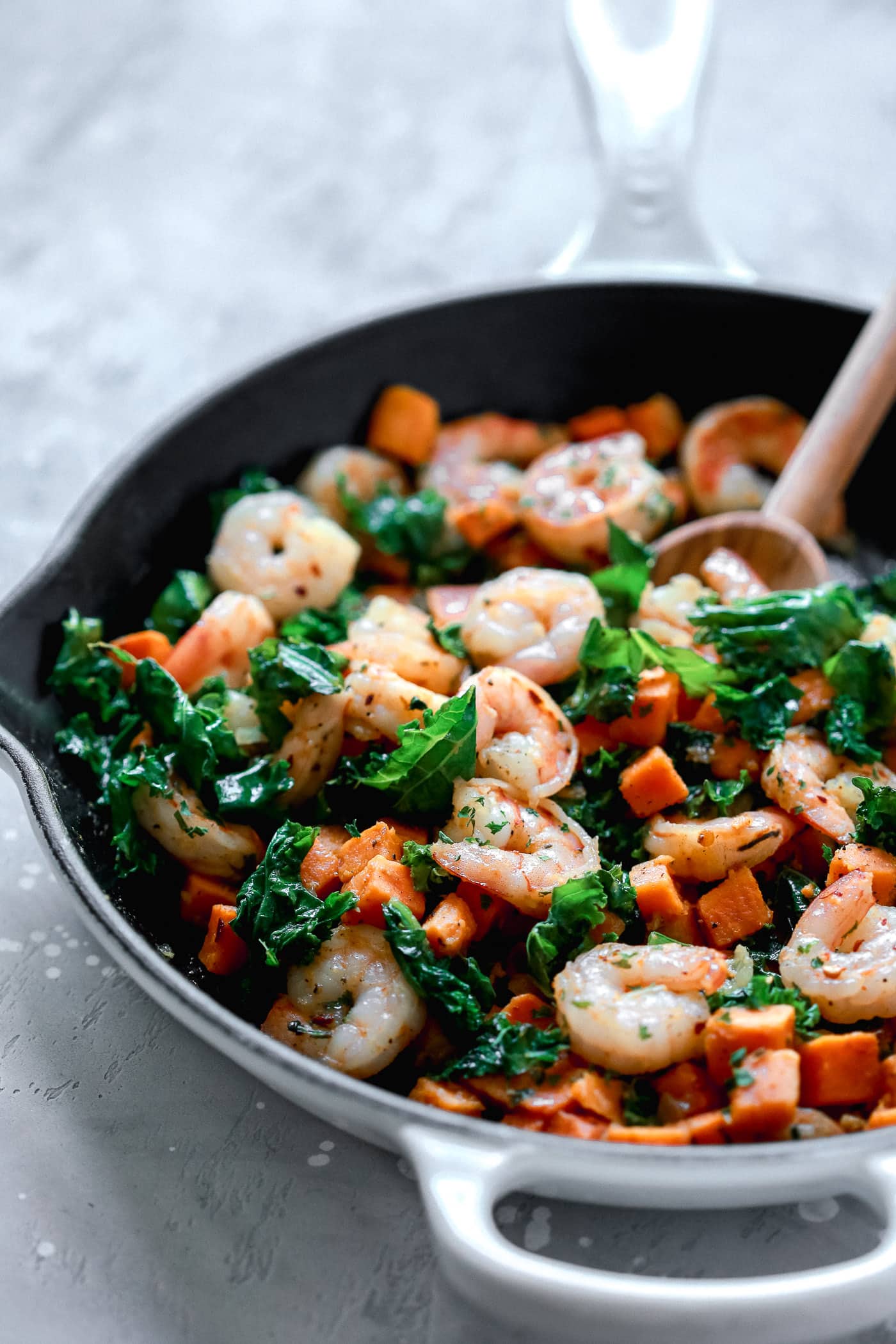 Sweet Potato, Kale and Shrimp Skillet