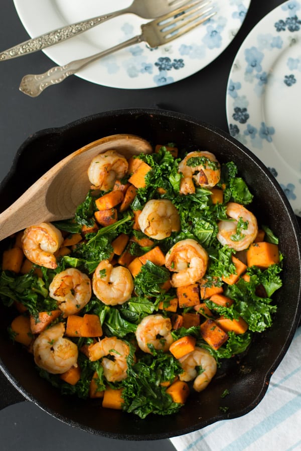 Sweet potato, Kale and Shrimp in a cast iron.
