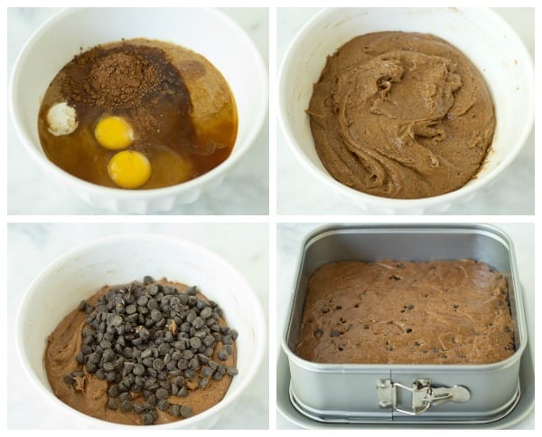 instructional step by step photo: combining ingredients, mixing, adding in chocolate chips, and adding it to a baking pan