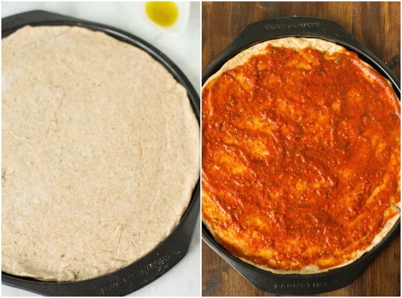 step by step photos: rolling out pizza dough and saucing pizza dough