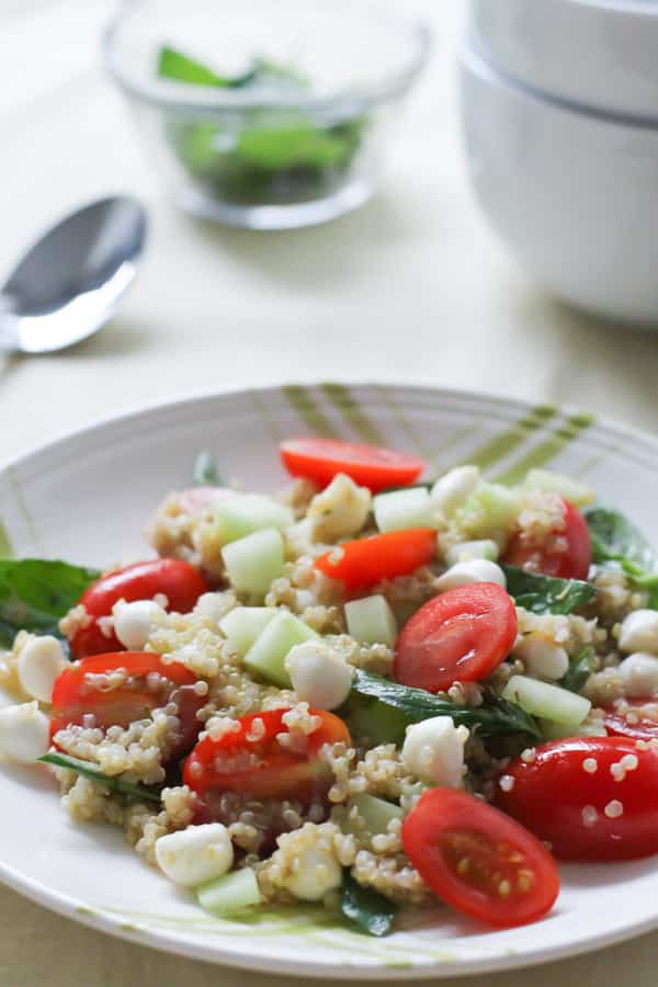 close up of mediterranean quinoa salad