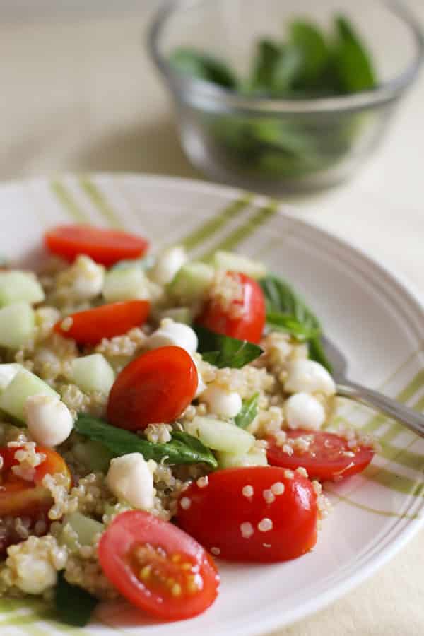 close up of mediterranean quinoa salad