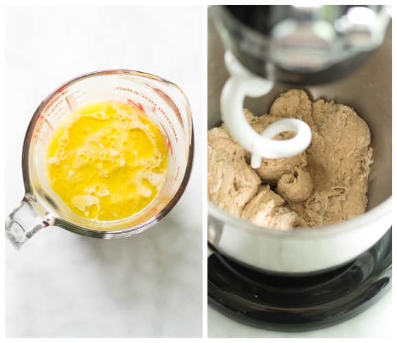 step by step instructional photos: combined water, sugar, oil, and yeast in a measuring cup. Dough being mixed with a dough hook in a stand mixer.