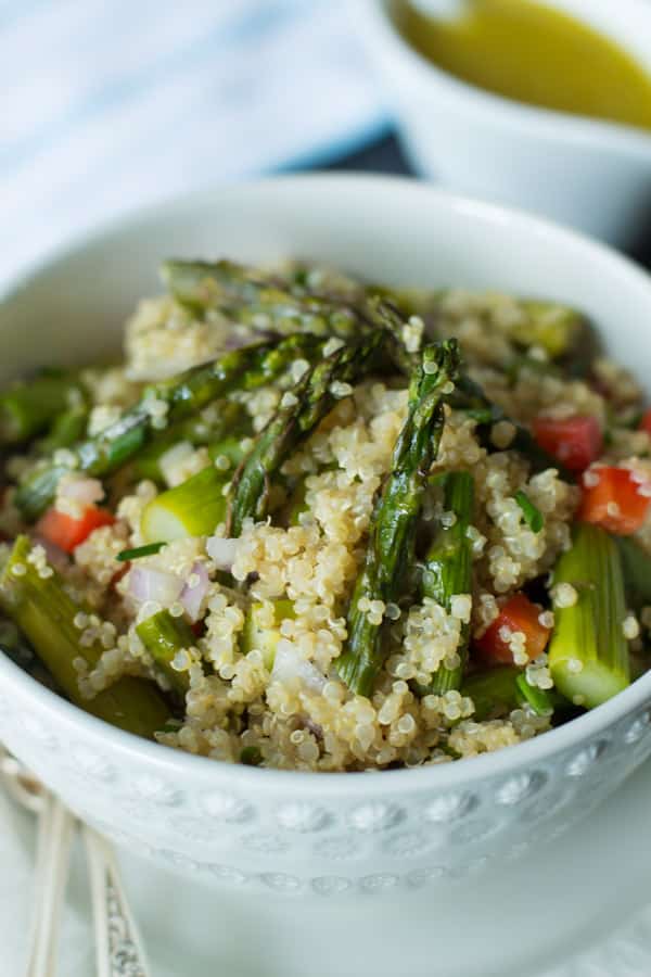 bowl of quinoa salad with roasted asparagus 