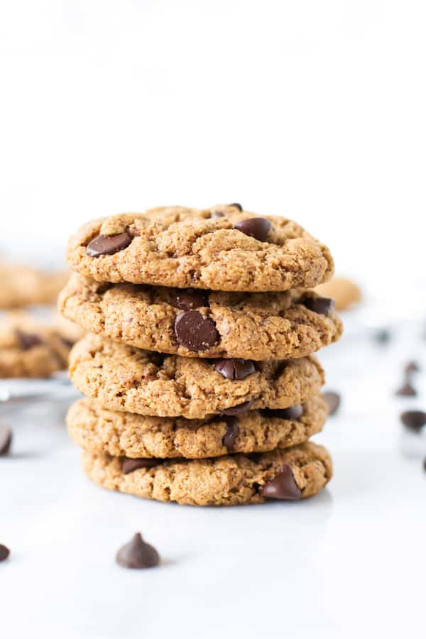  five gluten-free chocolate chip cookies stacked on top of each other