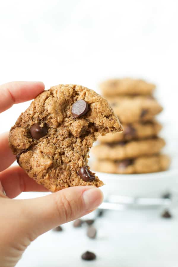 Gluten-free chocolate chip cookie with a bite taken out