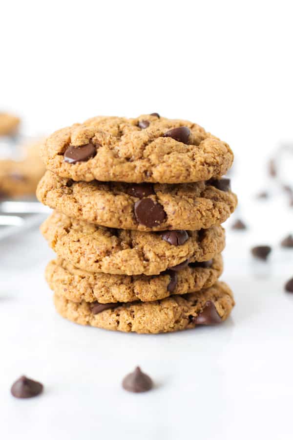 A stack of five chocolate chip cookies.