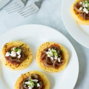 Grilled Polenta with Balsamic Onions, Tomato Sauce and Feta