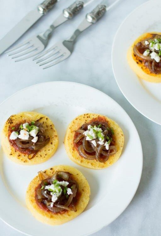 Grilled Polenta with Balsamic Onions, Tomato Sauce and Feta