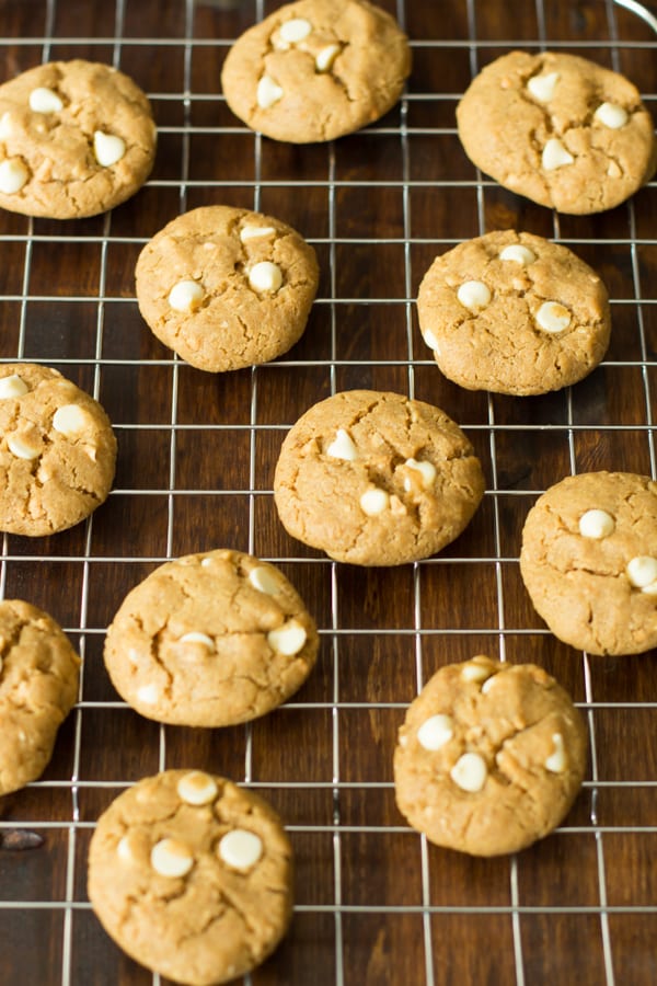 Peanut Butter Chocolate White Chip Cookies on a cooling rack