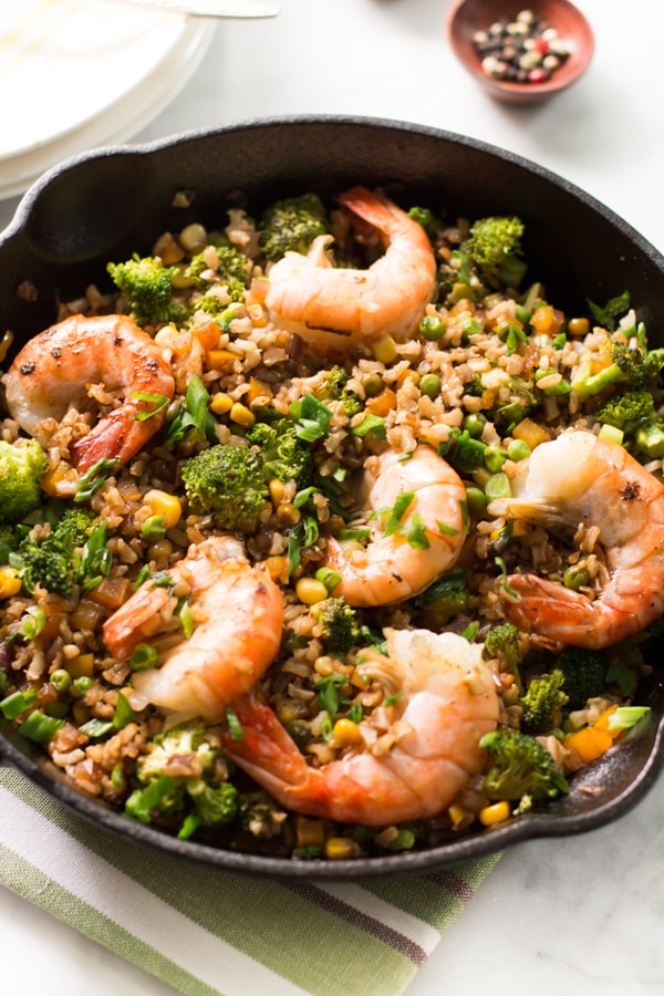 close up of shrimp fried rice with broccoli