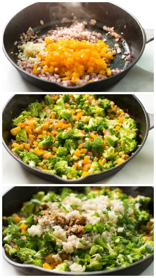 instructional step by step photos of how to cook shrimp fried rice with broccoli in a cast iron pan
