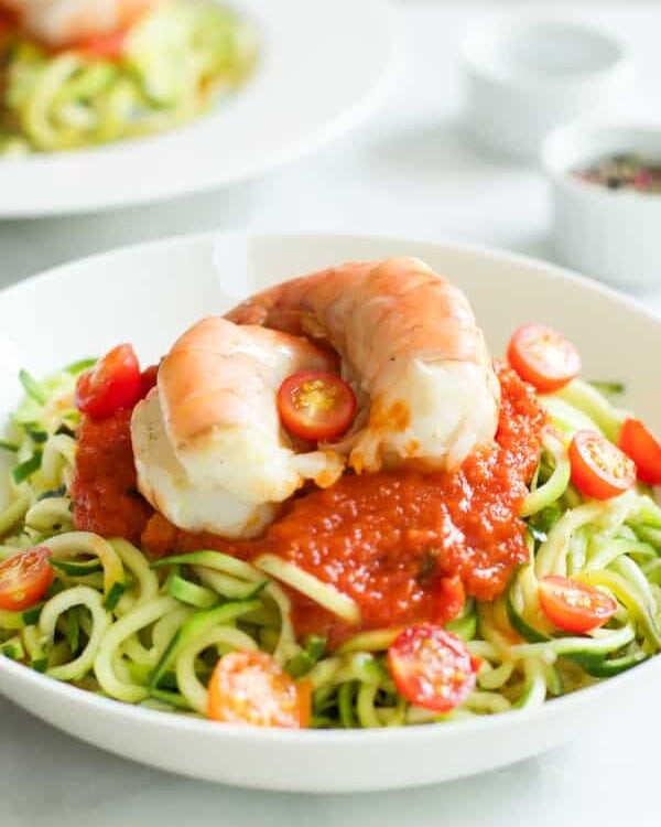 Zucchini noodles with tomato sauce and shrimp