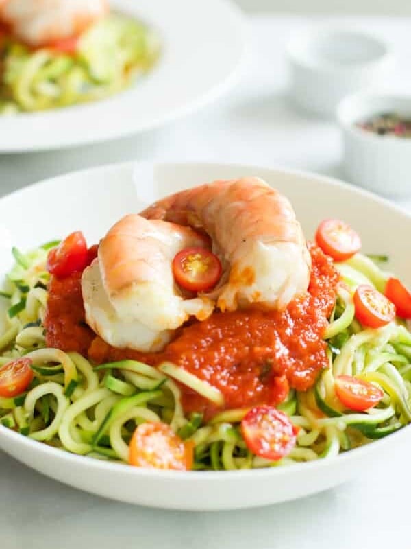 Zucchini noodles with tomato sauce and shrimp
