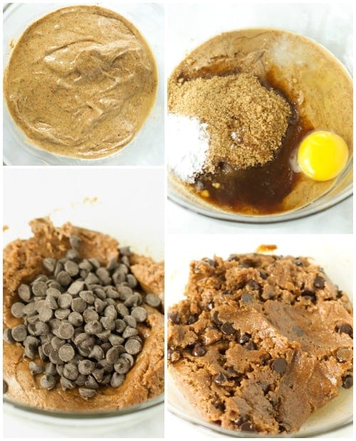 instructional photo showing how to combine ingredients to make Gluten-Free Chocolate Chip Cookies