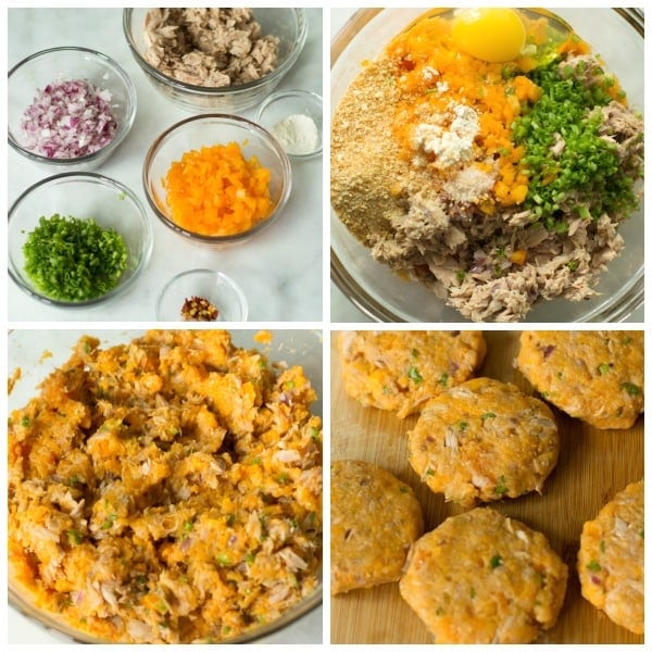 step by step photos on how to make sweet potato tuna patties, combining ingredients and mixing it together before shaping into patties