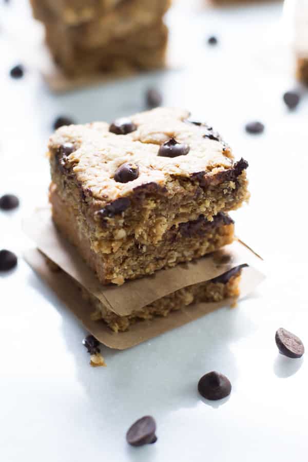 Close up of three Peanut Butter Chocolate Chip Bars 