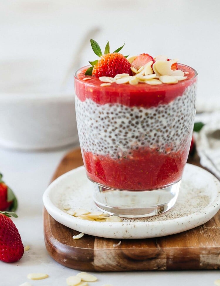 A cup of strawberry chia pudding.