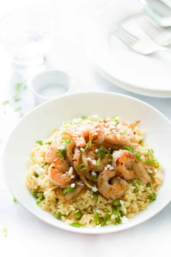 Rice with Balsamic Onions and Shrimp in a bowl