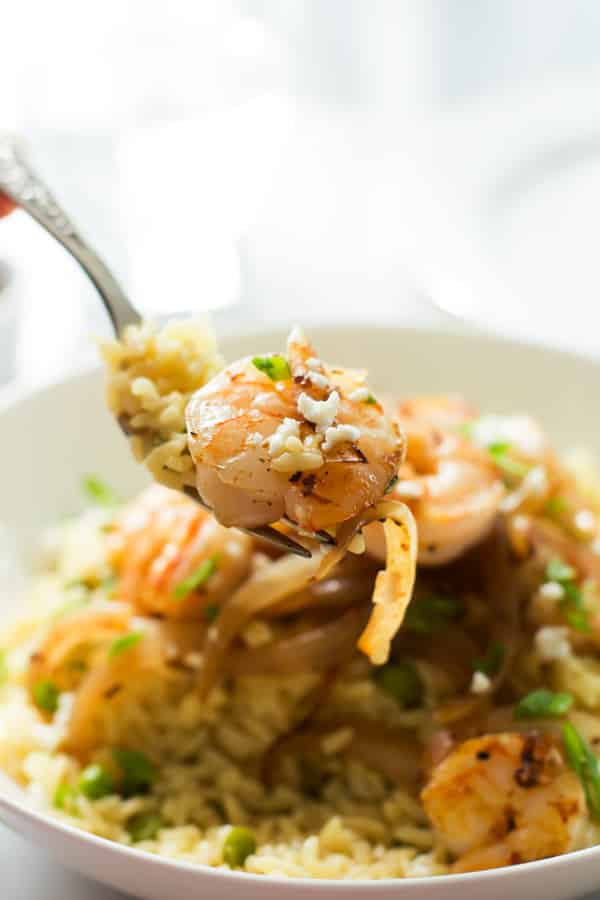 Rice with Balsamic Onions and Shrimp close up in a fork