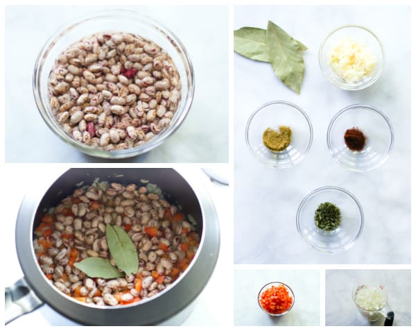 instruction photo of ingredients for beans going into a pressure cooker