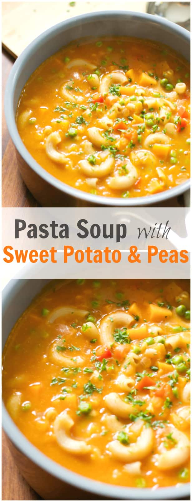 Pasta Soup with Sweet Potato & Peas