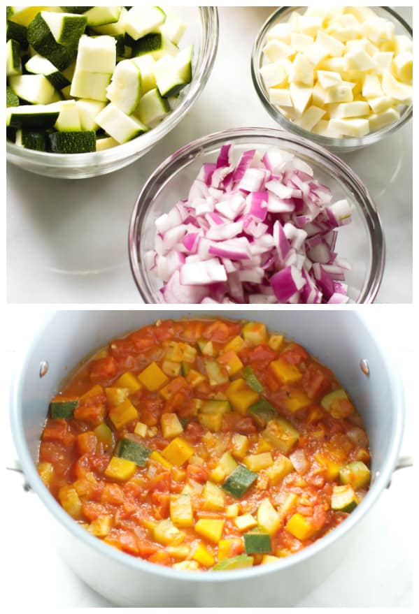 Overhead image of ingredients in a prep bowl and a second photo of the vegetables being cooked in a pot.