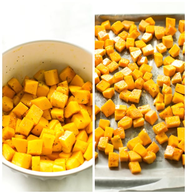 Instructional photo showing butternut squash roasting.