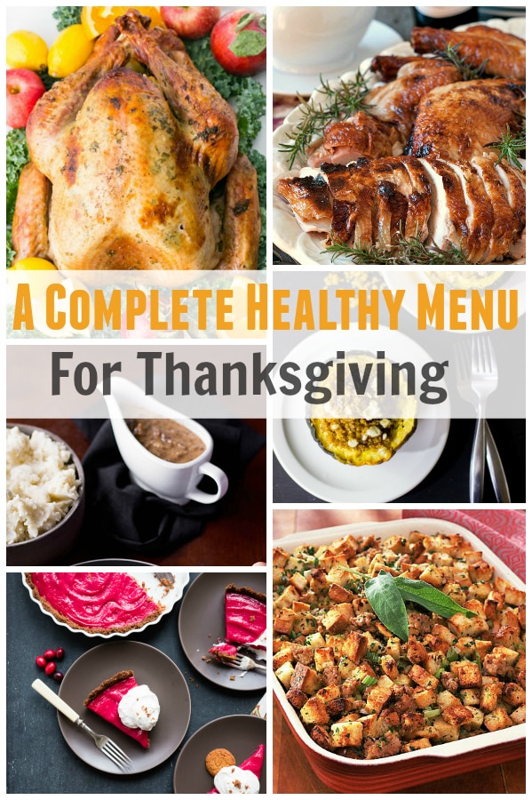 Pinterest image of healthy thanksgiving complete menu plan.