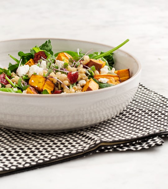 Roasted sweet potato and wheatberry salad in a bowl.
