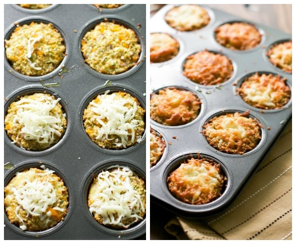 Instructional photo showing raw cauliflower muffins in a muffin tin and then a baked version.