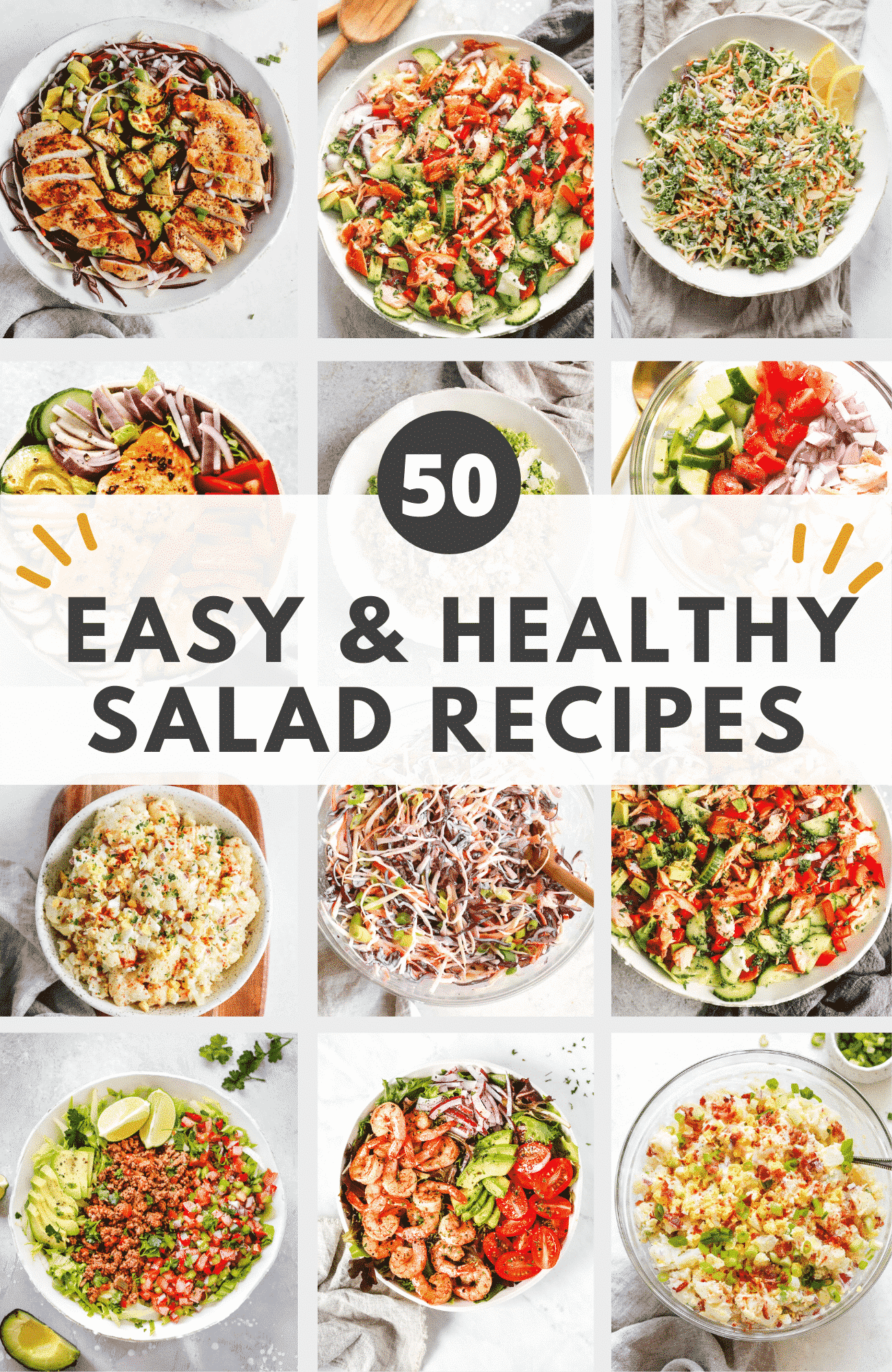 collage of salad pictures with a text that says \"easy and healthy salad recipes\"
