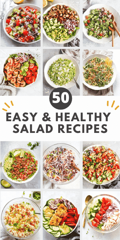 collage of 6 salad pictures with a text that says \"easy and healthy salad recipe\"