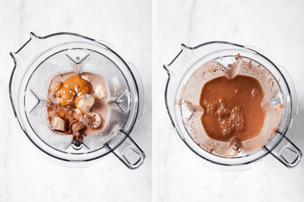 Left: ingredients in a blender. Right: peanut butter chocolate smoothie blended up.