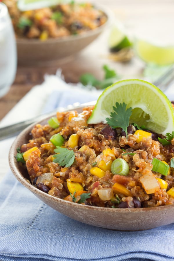 close up  of a bowl containing enchilada quinoa 