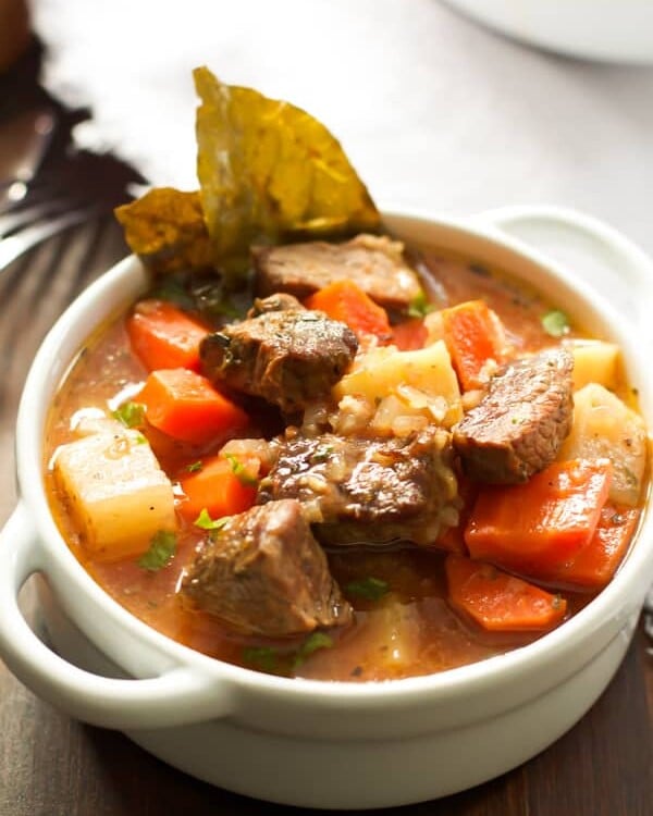 A bowl of healthier slow cooker beef stew.