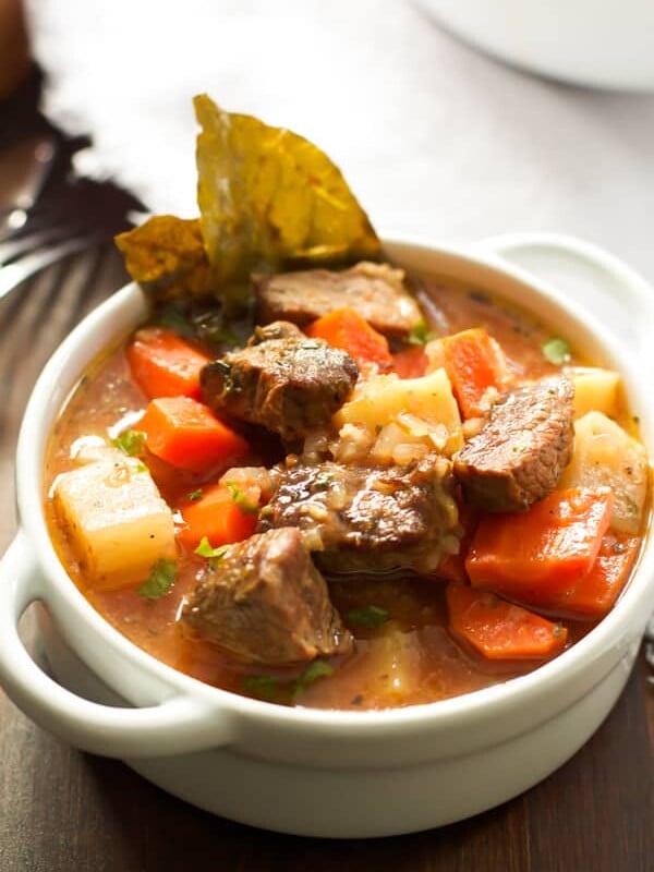 A bowl of healthier slow cooker beef stew.