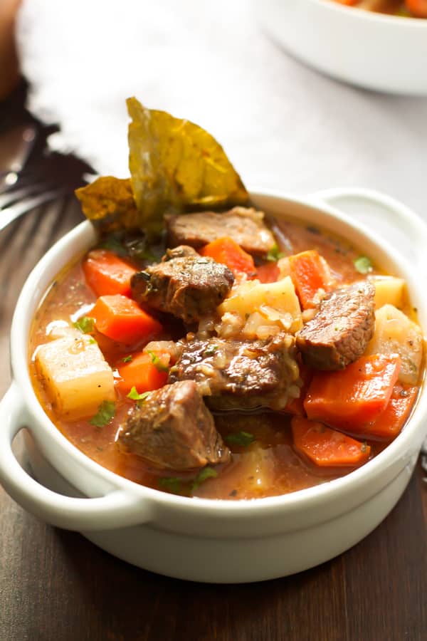 A bowl of healthier slow cooker beef stew.