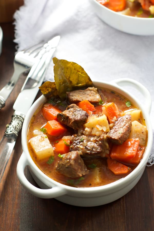 A bowl of beef stew made in a slow cooker.