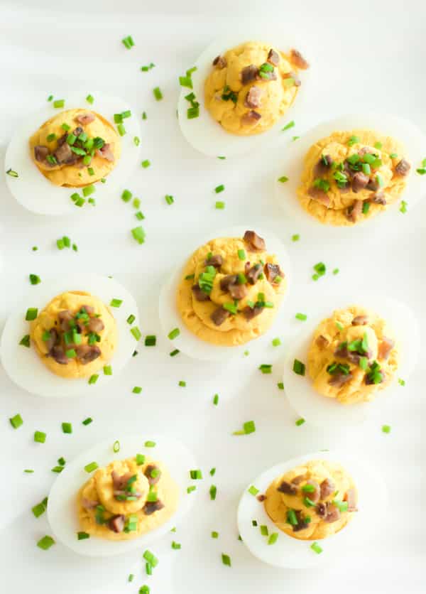 Overhead photo of multiple lentil deviled eggs.